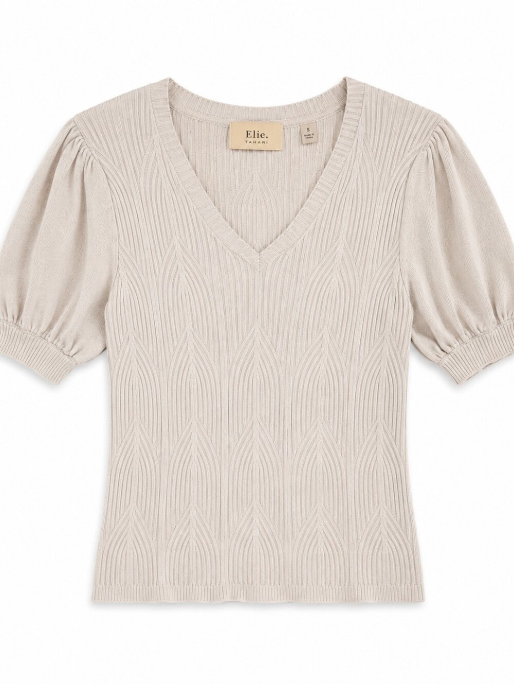 43-Anthropologie Elie Tahari Cream Ribbed V-Neck Short Sleeve Knit Topro